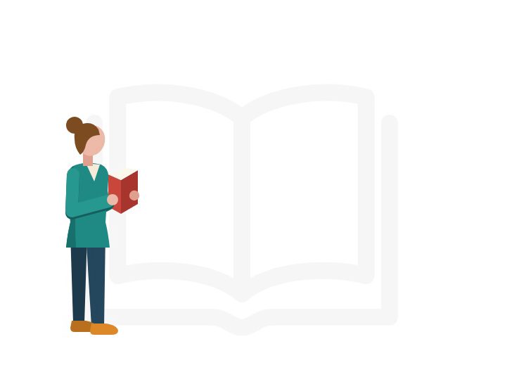 Illustration einer Frau, die ein rotes Buch liest, mit einem großen offenen Buch im Hintergrund.
